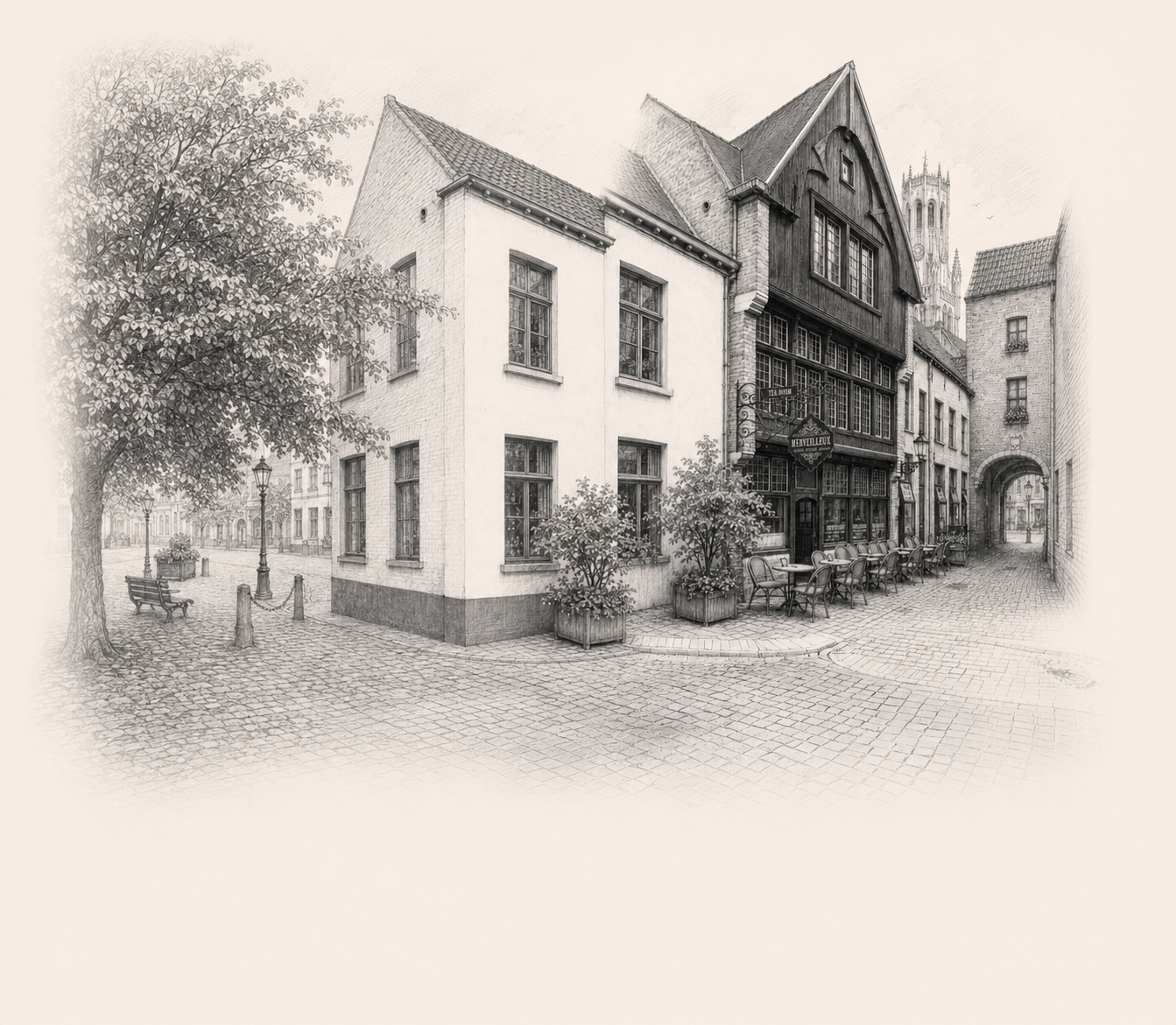 Brede pentekening van Merveilleux en de historische omgeving in Brugge